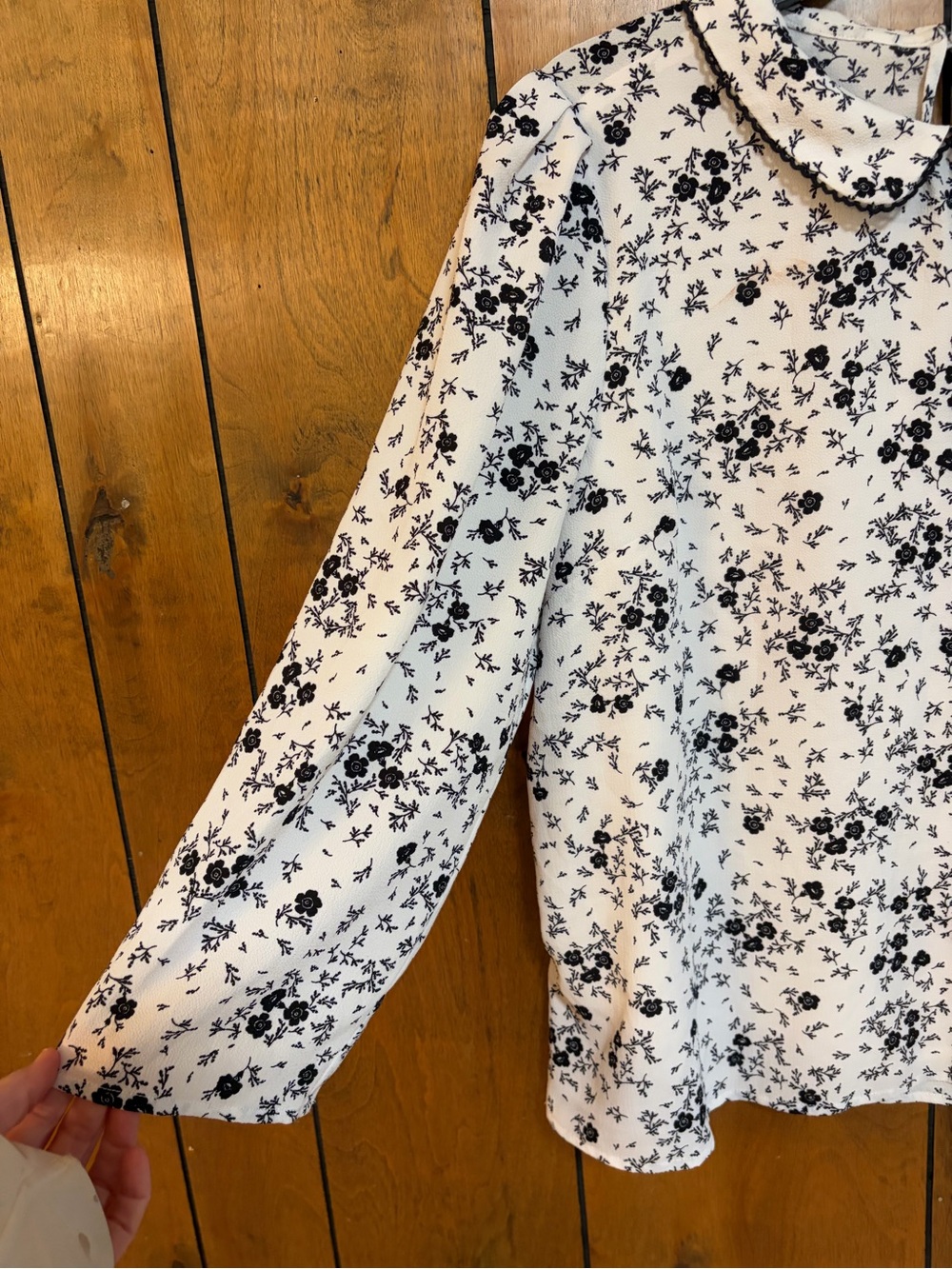 CeCe Black on White Floral Peter Pan Collar Blouse - Picture 3 of 7